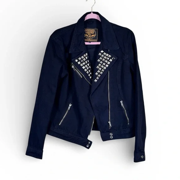 Milwaukee Leather Black Denim Studded Moto Jean Jacket Women XL Bikercore Grunge - Picture 1 of 9